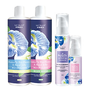 夢娜麗莎 MONSA 蝶豆花蜂王乳洗髮精+蝶豆花蜂王乳沐浴乳+蝶豆花蜂王乳抗皺保濕精華液+修護駐顏精華乳(1組4入)