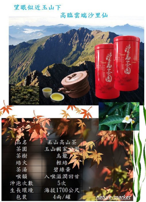 台灣茗茶 玉山烏龍茶 嚴選天然手採 (4兩罐裝*1罐)/HKD 223元/(香港含運)低發酵高山茶的風味保存良好